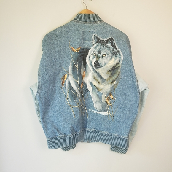 Vintage Other - Vintage 90s Wolf Denim Varsity Jean Jacket Retro